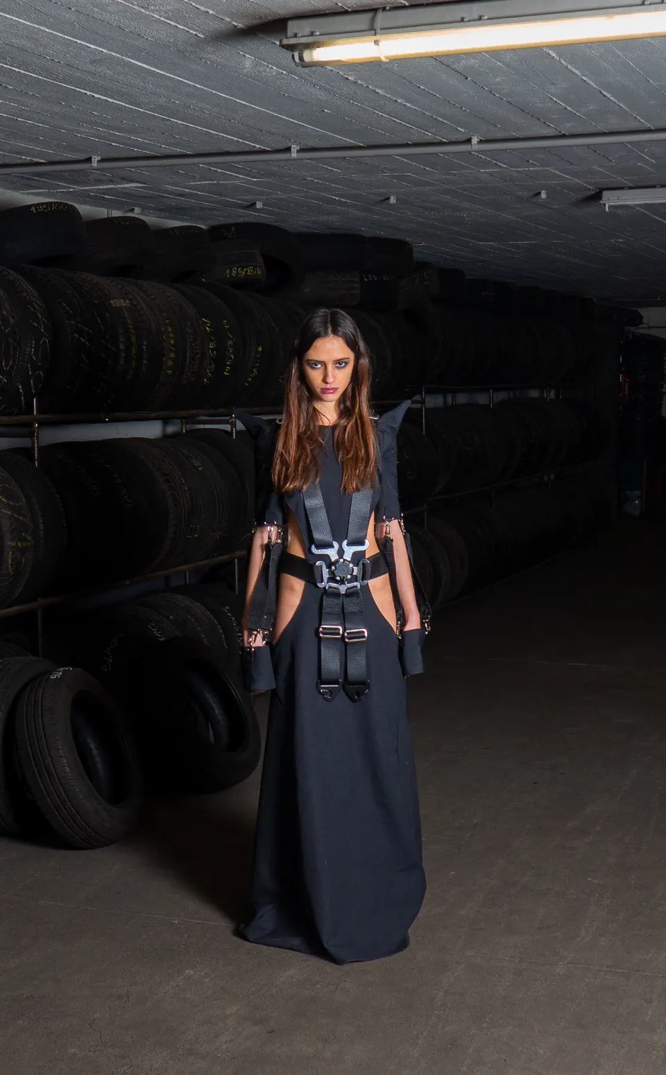 Racing 6-Point Belt Dress — full look in the tyre warehouse