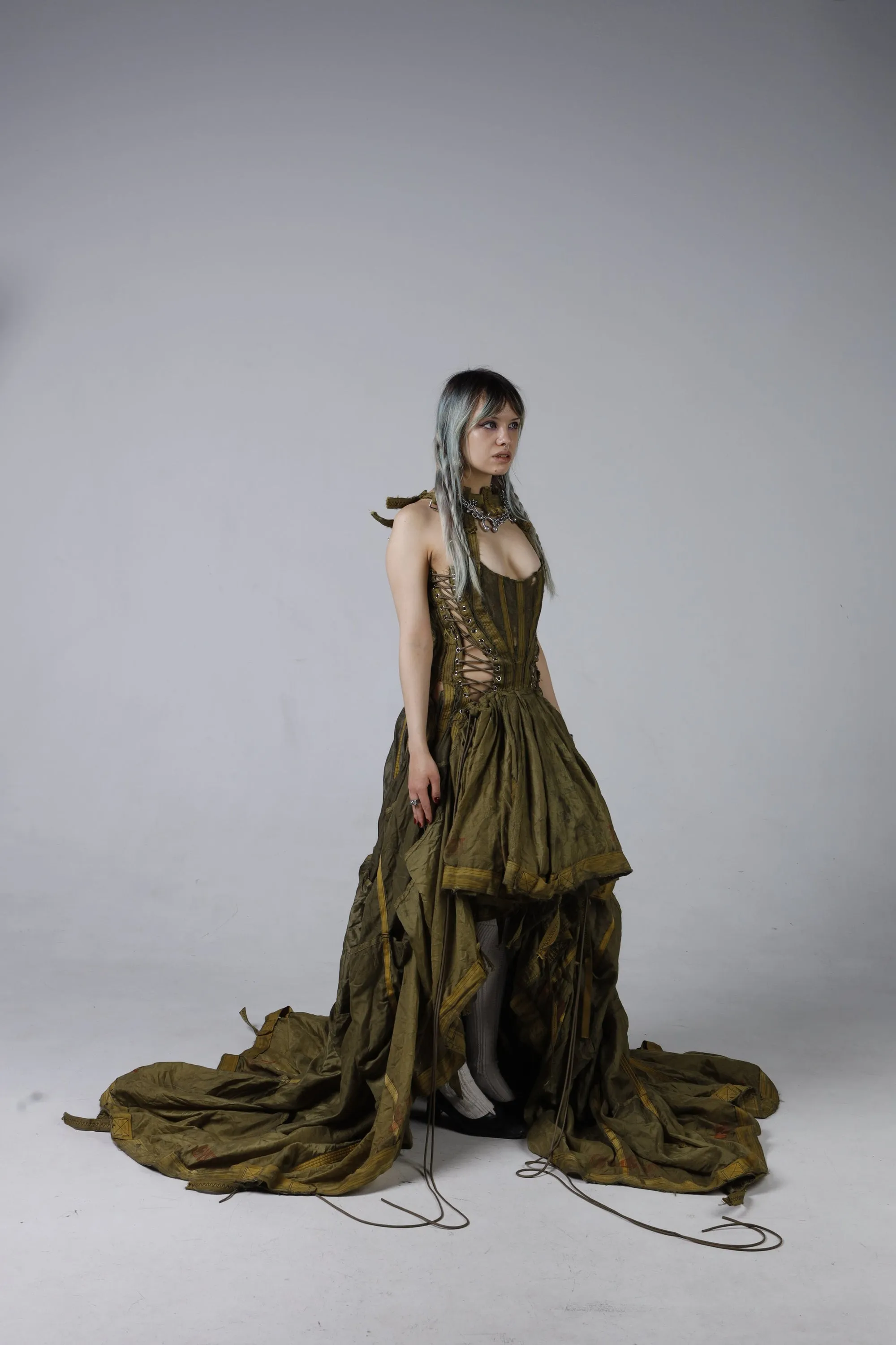Parachute Dress — side profile showing the cinched waist and sweeping train