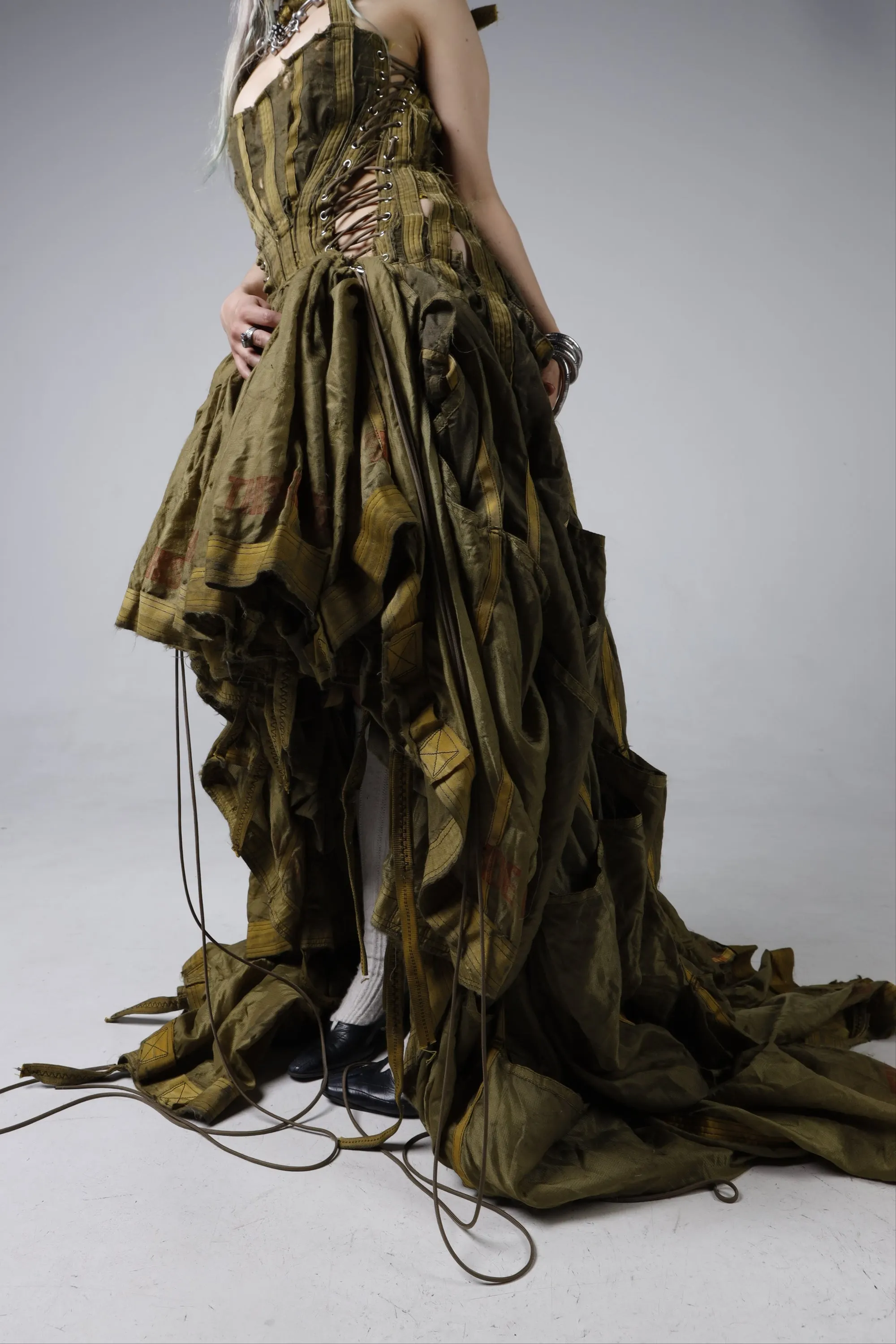 Parachute Dress — front lacing detail with paracord and eyelets