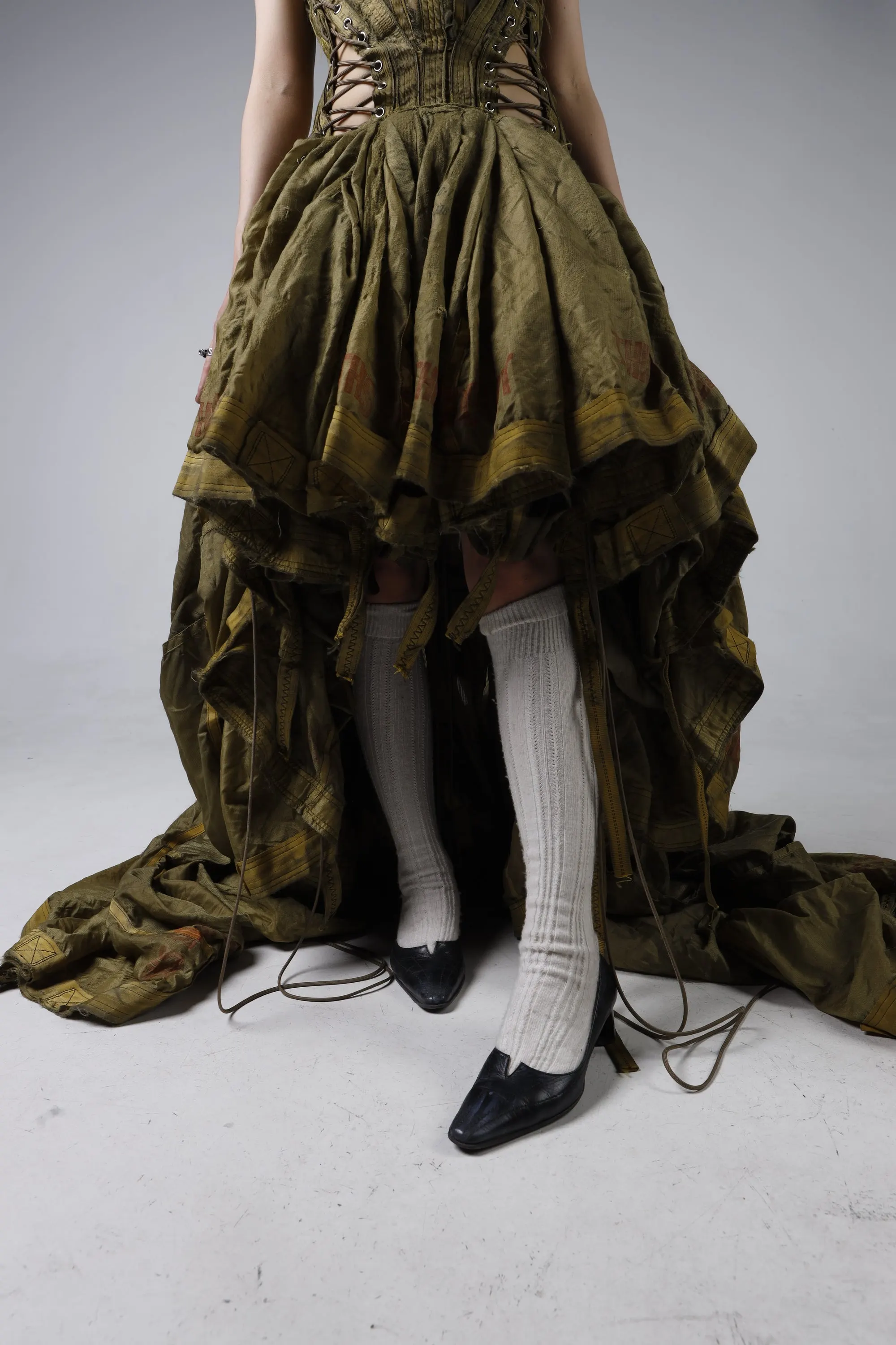 Parachute Dress — hem and train, layered parachute canopy with white stockings